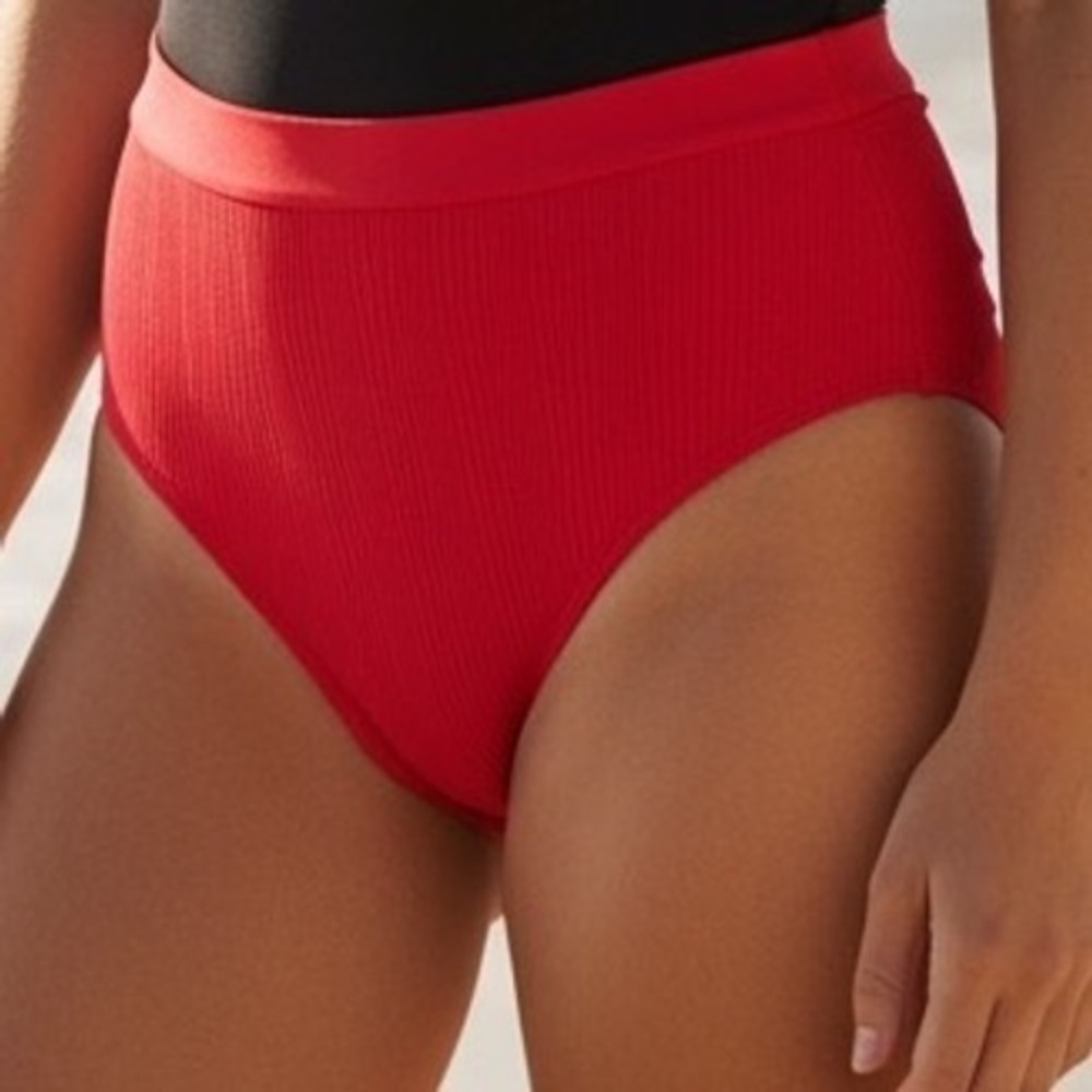 L*Space Frenchi Bitsy Cut High Waisted Ribbed Bikini Bottom Red Large‎ NWOT